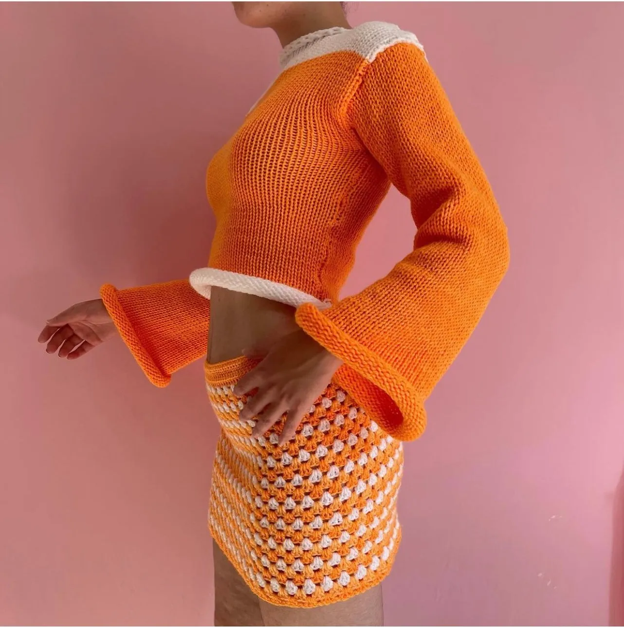 Handmade retro crochet mini skirt in orange and white