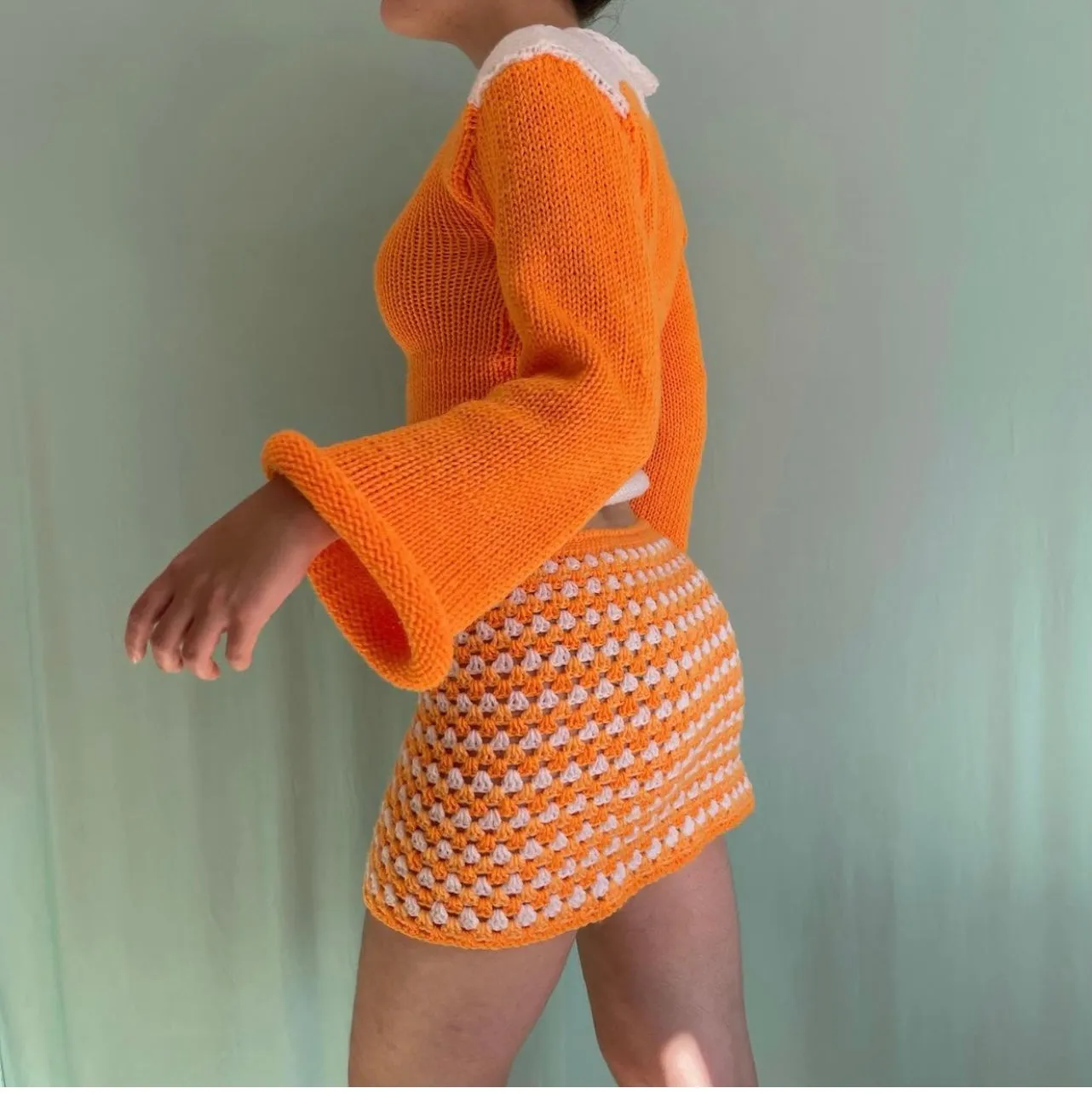 Handmade retro crochet mini skirt in orange and white