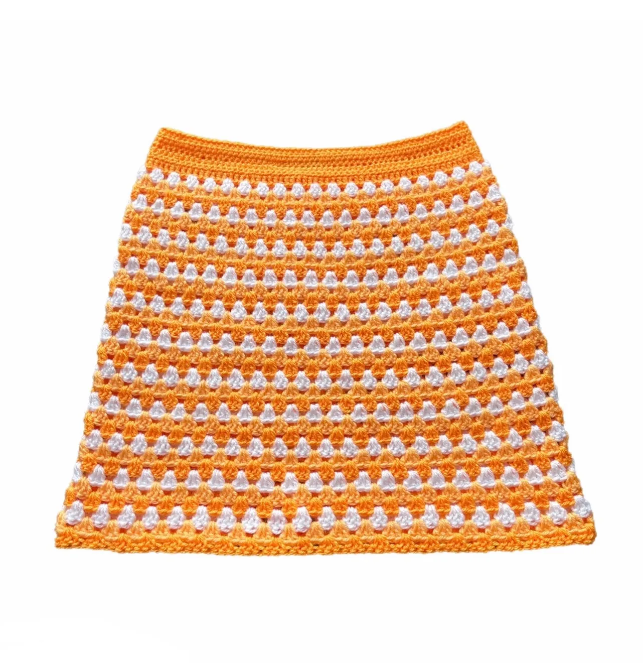 Handmade retro crochet mini skirt in orange and white