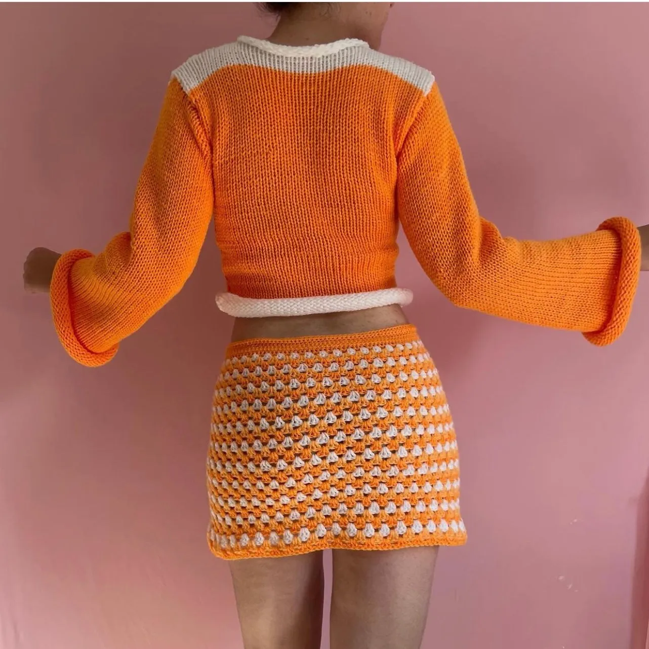 Handmade retro crochet mini skirt in orange and white