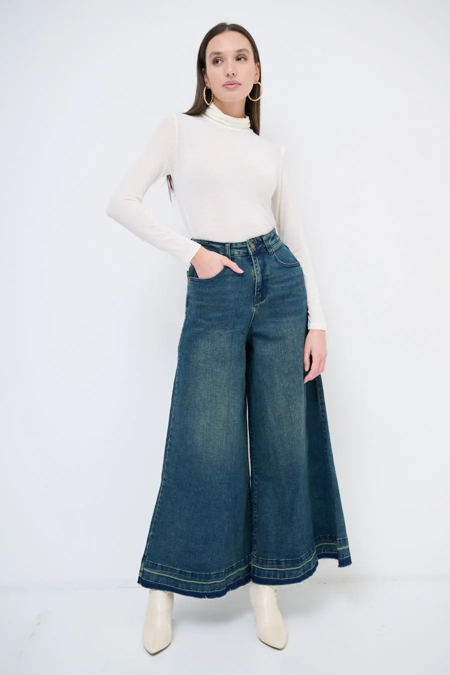 High-waisted wide-leg denim culottes wholesale