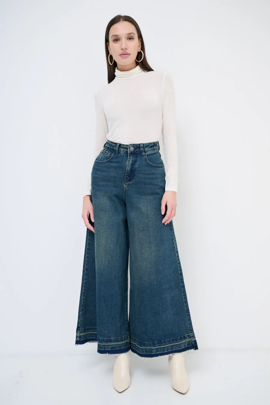 High-waisted wide-leg denim culottes wholesale