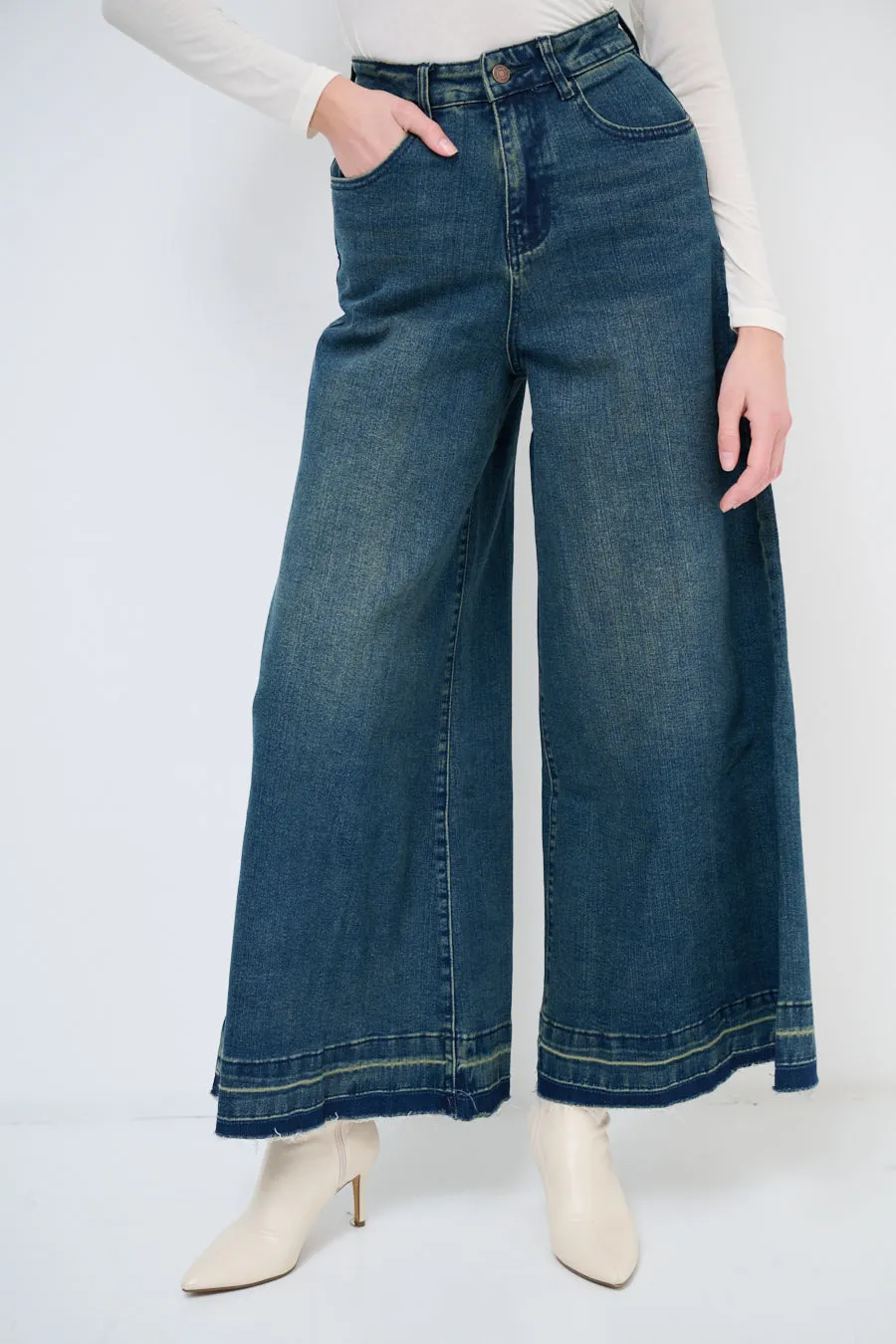 High-waisted wide-leg denim culottes wholesale