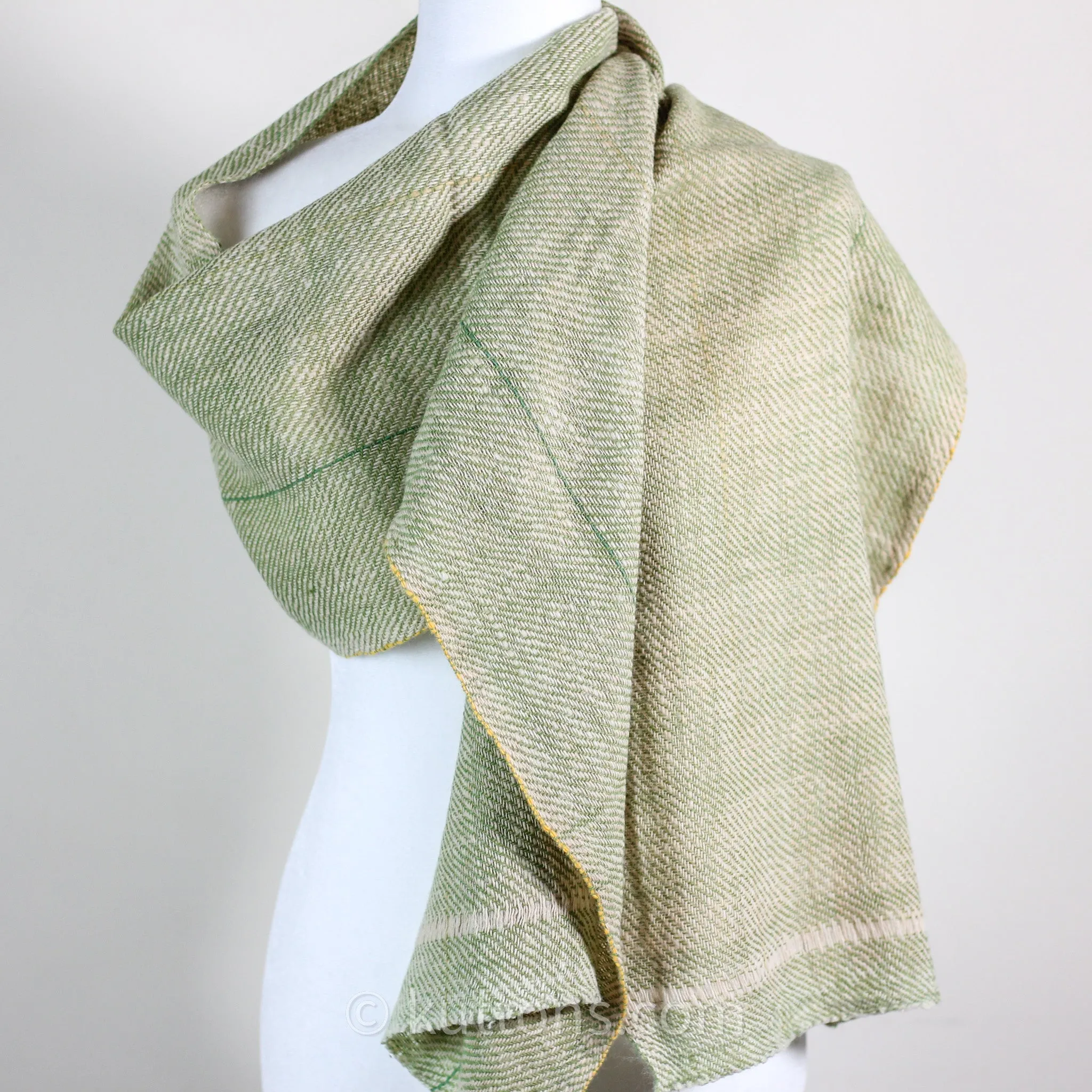 Himalayan & Merino Wool Scarf - Handspun, Handwoven and Naturally-Dyed in the Himalayas with Indigo & Tesu Flowers | Green, 13x76"