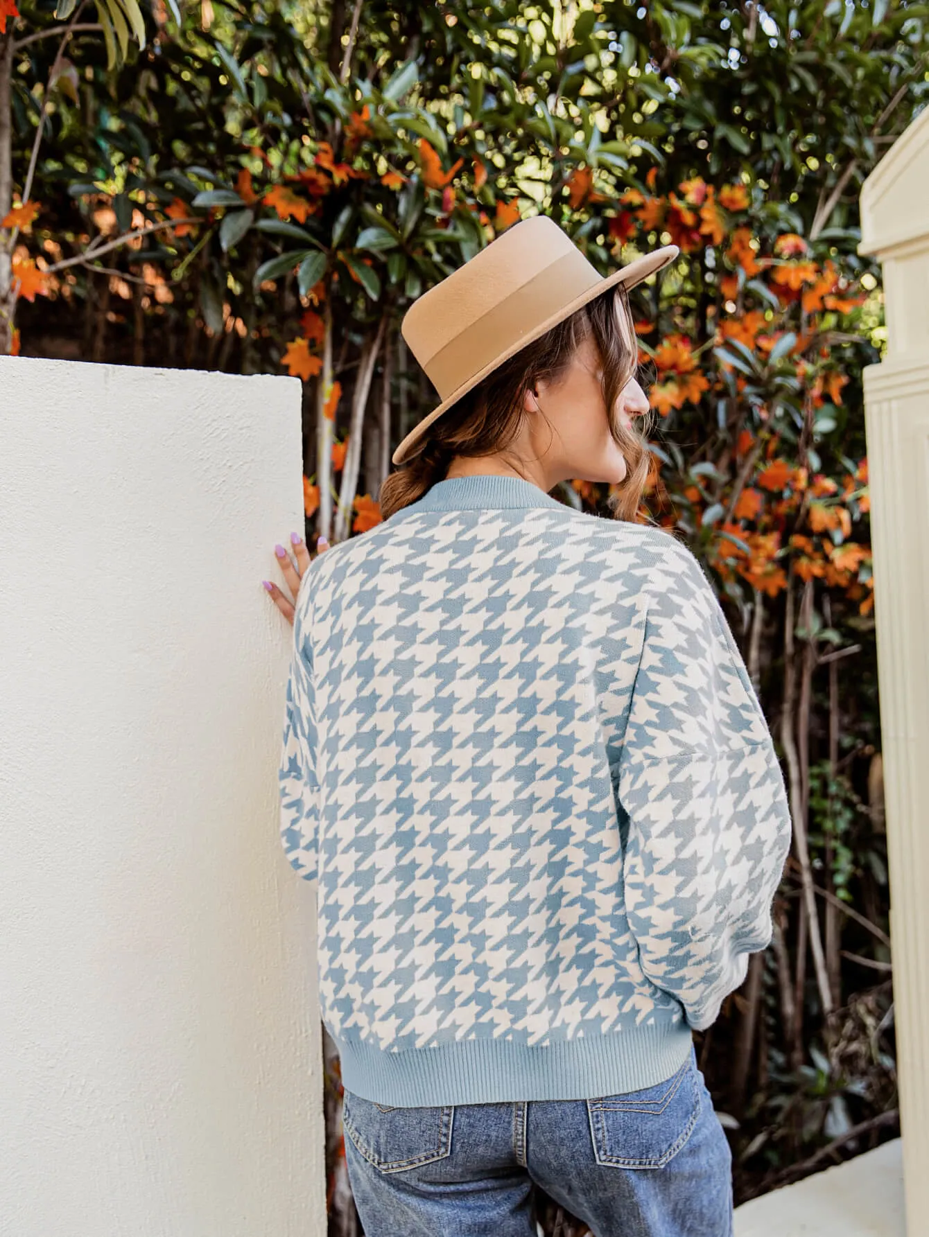 Houndstooth Ribbed Trim Sweater