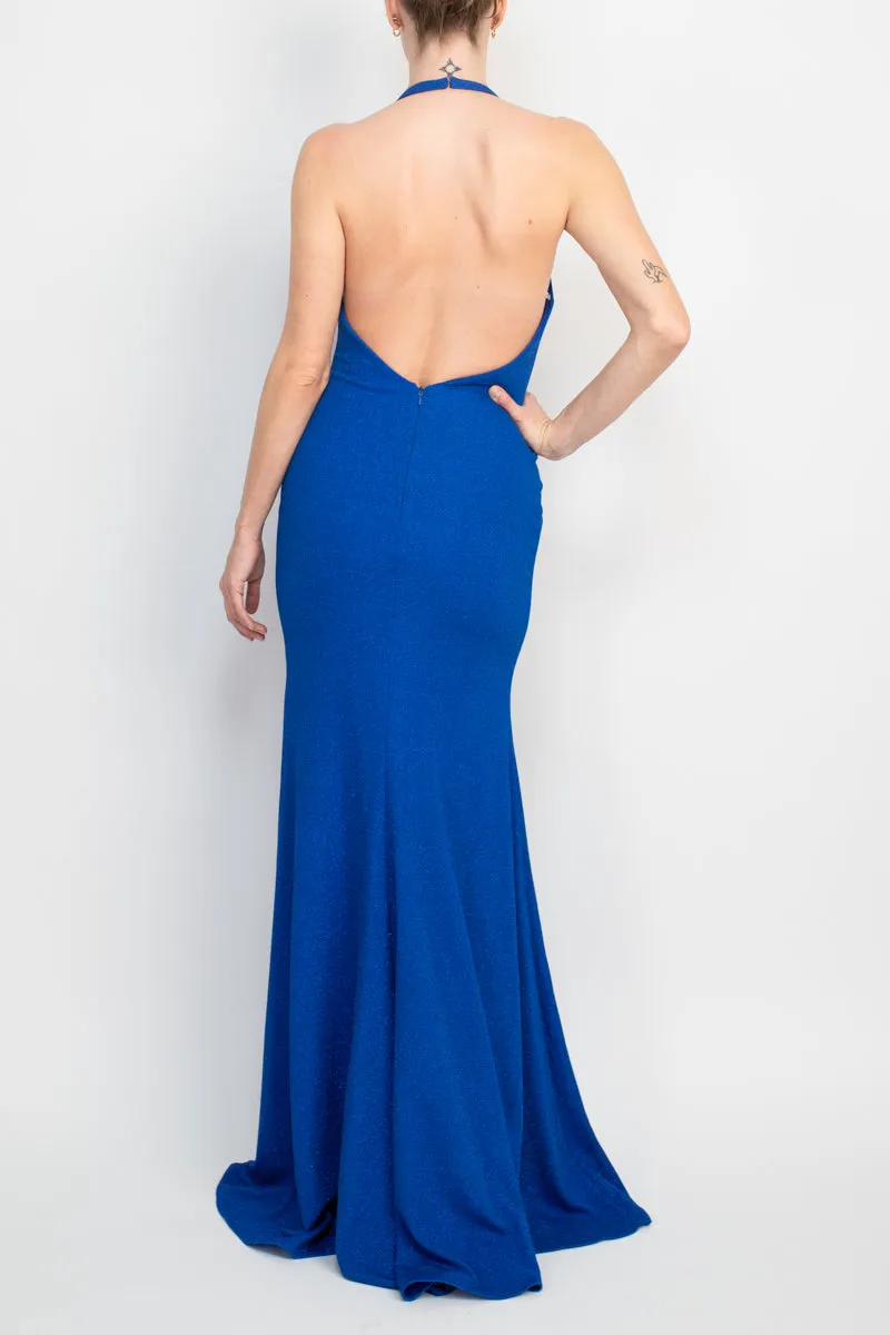 Jovani plunging halter bodycon metallic crepe prom gown