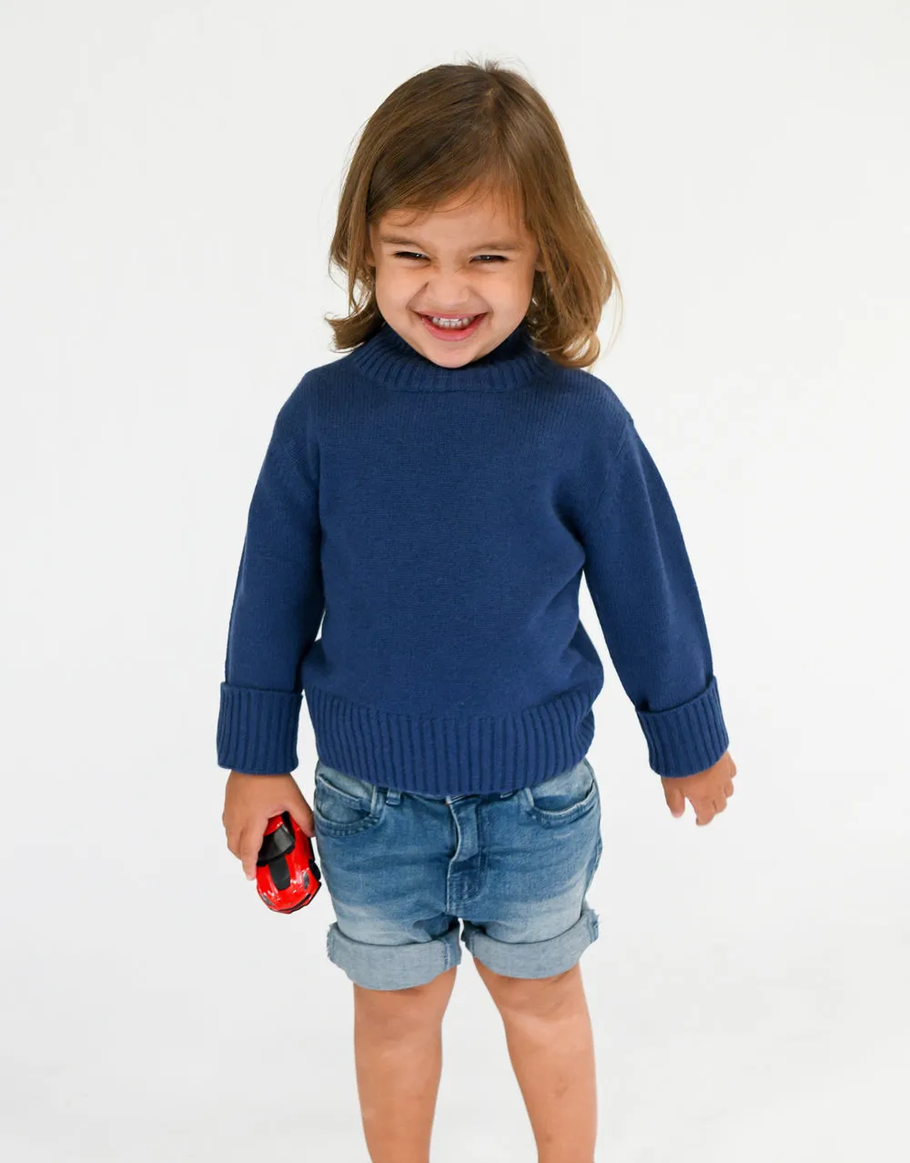 Kids Cashmere Chunky High Neck Jumper in Dark Denim