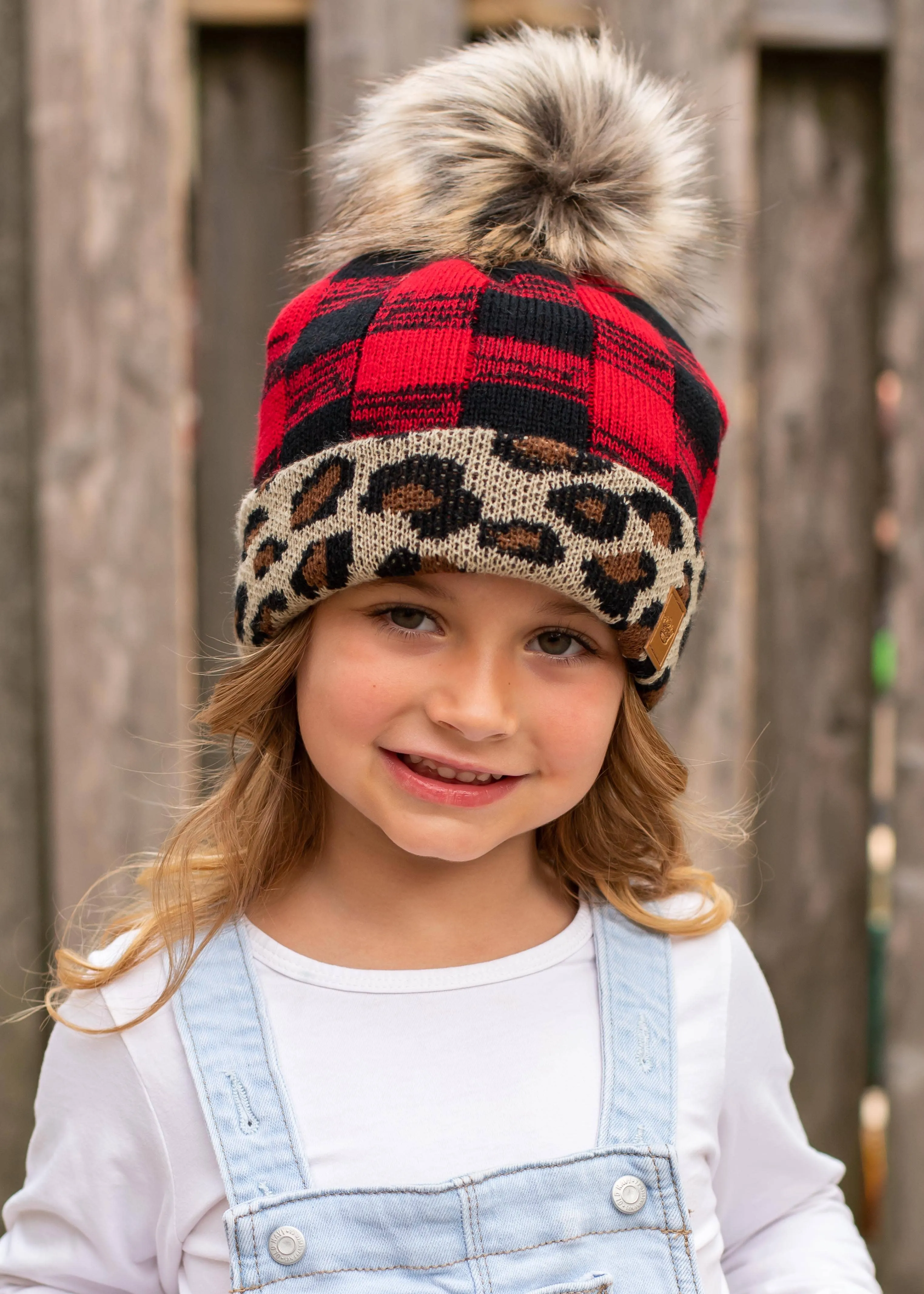 KIDS Red Buffalo Plaid Pom Hat w/ Leopard Trim