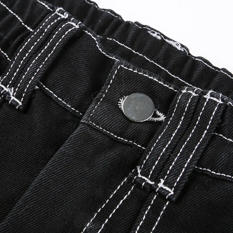 KittenAlarm - Womens Fashion Trends Pockets Patchwork Baggy Jeans Fashion Streetwear 100% Cotton Women Denim Trouser Loose Cargo Pants Korean Jeans Harajuku