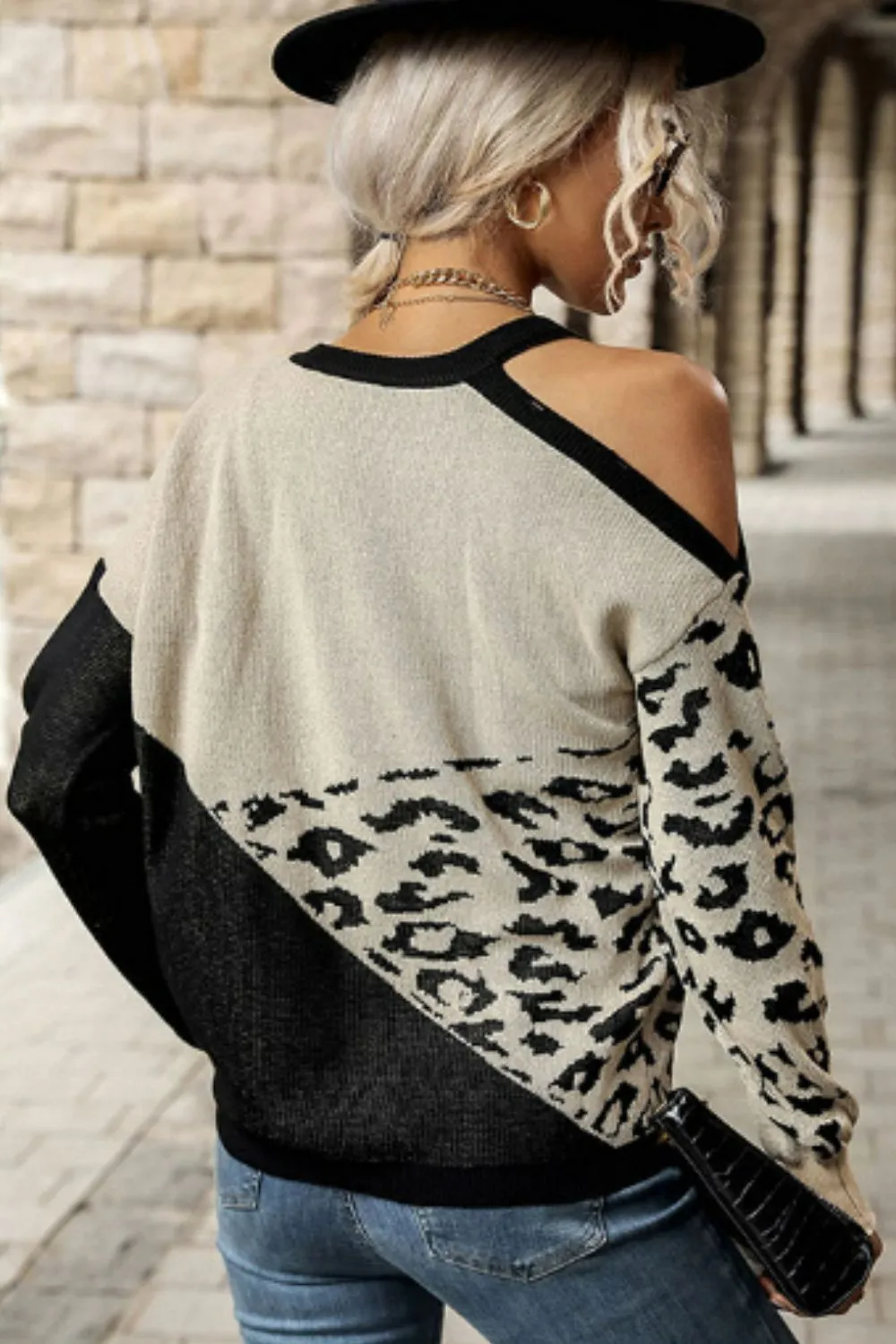 Leopard Color Block Cold-Shoulder Sweater