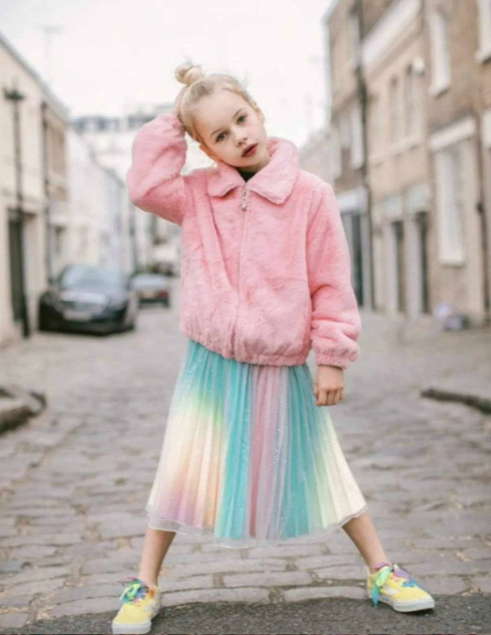 Lola and The Boys Girls Rainbow Faux Fur Zip Up Jacket