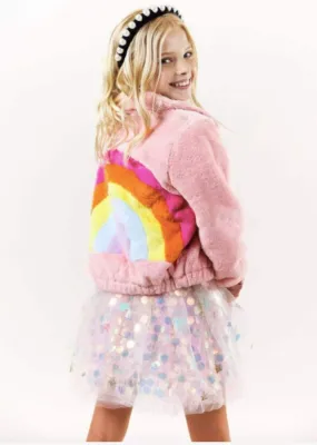 Lola and The Boys Girls Rainbow Faux Fur Zip Up Jacket