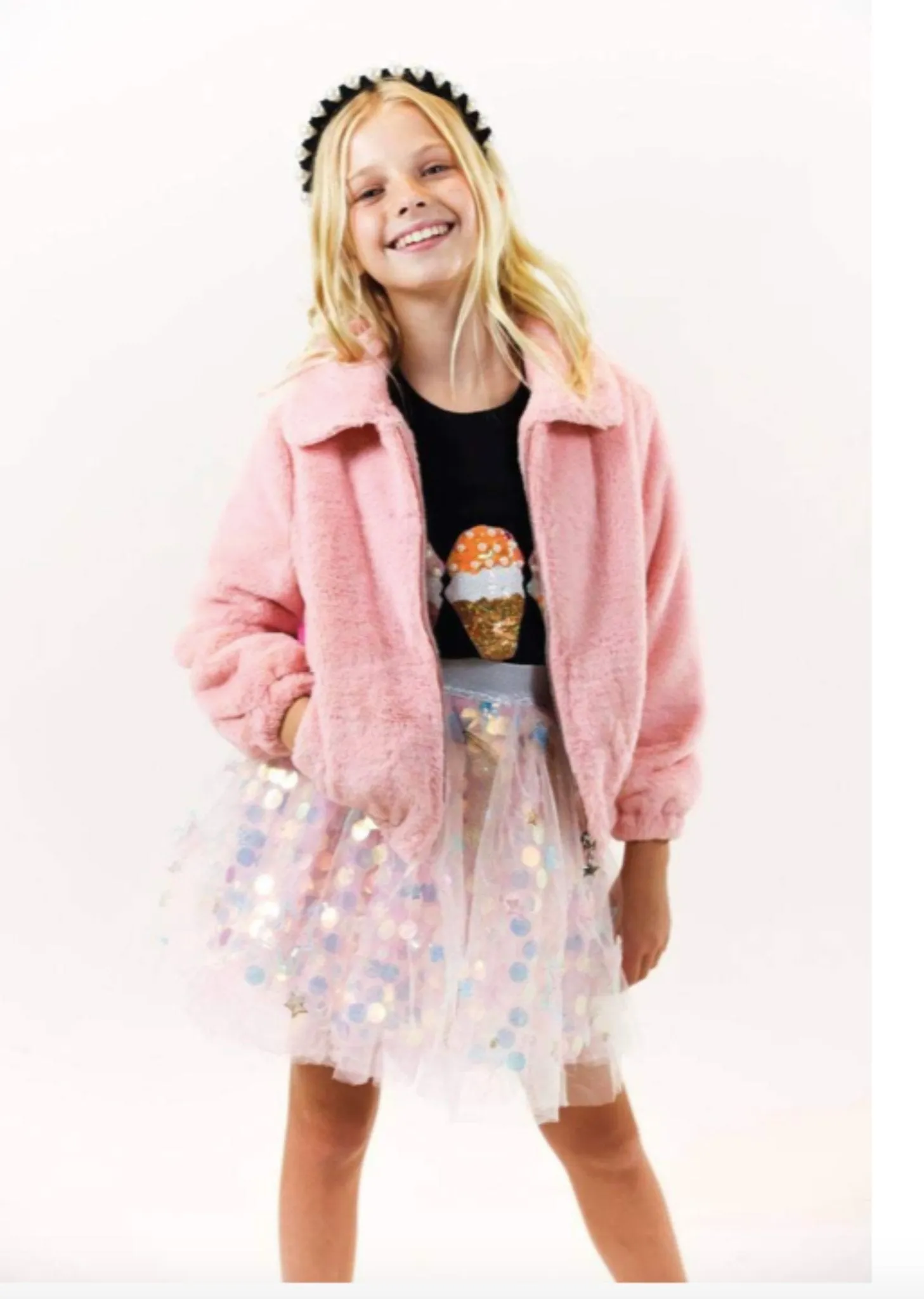 Lola and The Boys Girls Rainbow Faux Fur Zip Up Jacket