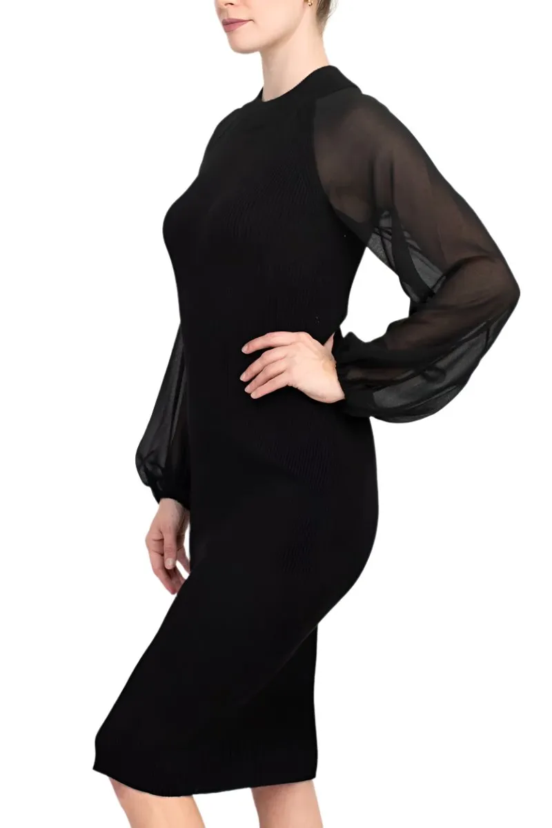 London Times Crew Neck Chiffon Long Sleeve Bodycon Knit Dress - Wholesale