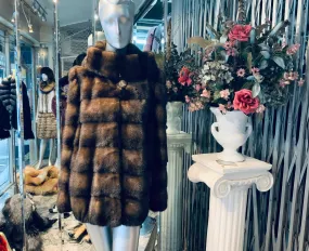 Mahogany Brown Honey Brown Two Tone Mink Fur Jacket with Hood