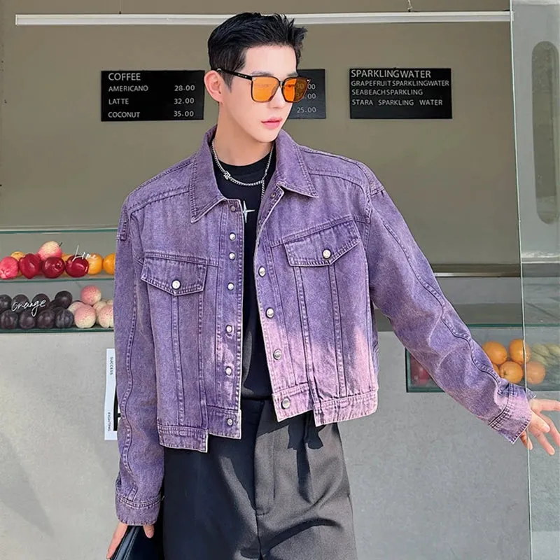 Men Short Denim Jacket Spring New Trendy Niche Design Irregular Washed Shape Solid Color Single Breasted 9C5077