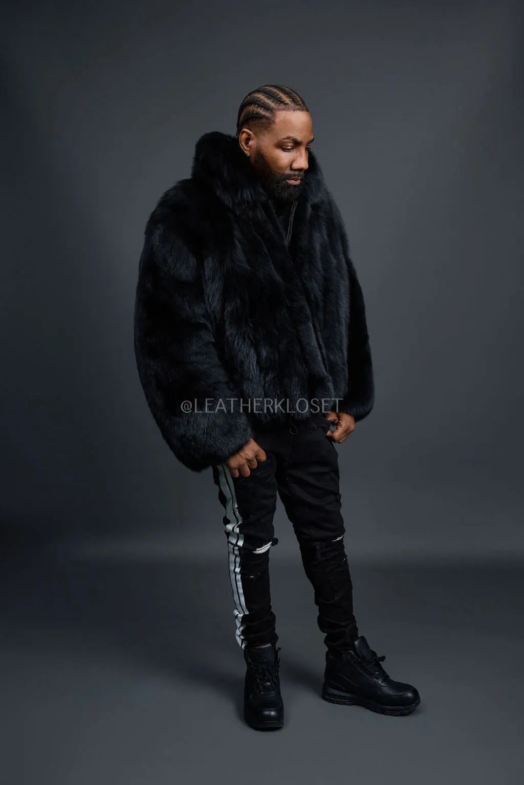 Men's Full Skin Fox Fur Bomber Jacket [Black]