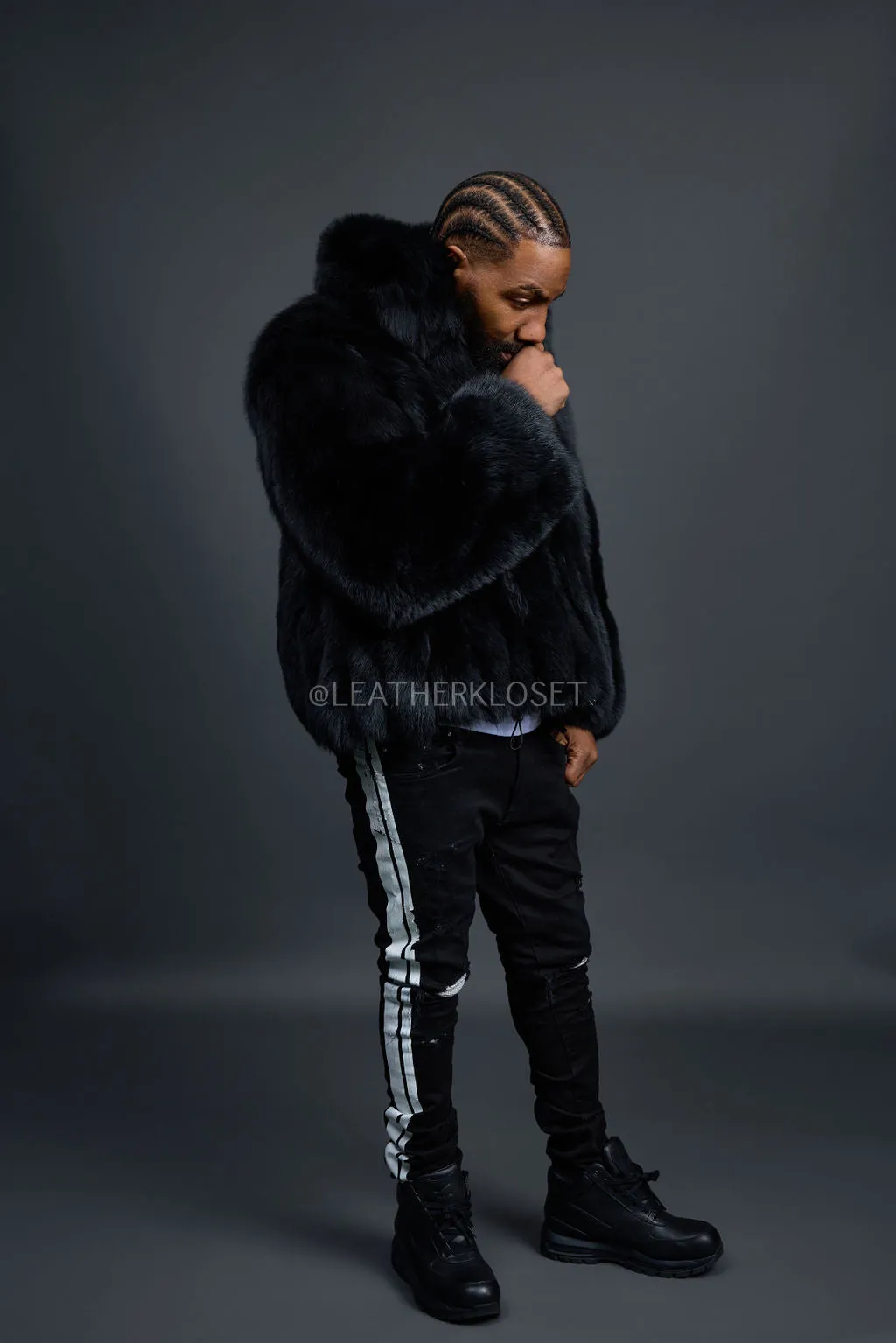 Men's Full Skin Fox Fur Bomber Jacket [Black]