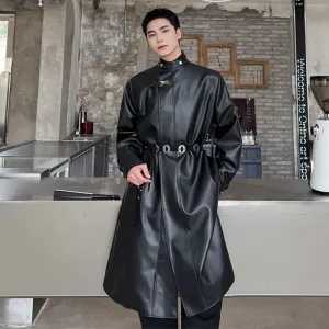 Men's Trench Coat Round Neck PU Leather Windbreaker Fashion Korean Style Over Knee Long Overcoat Trend Loose Autumn 9C2816