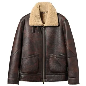 Mens Winter Warm Distressed Sheepskin Shearling B-3 Bomber Jacket