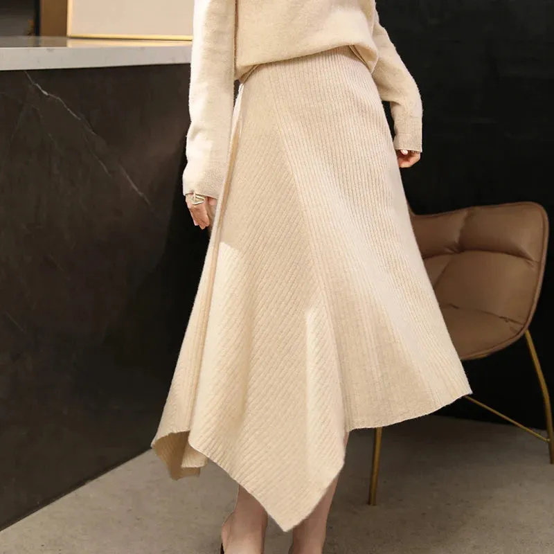 Merino Wool Skirt for Women, Korean Style, Asymmetrical Knee-Length, Autumn/Winter Fashion