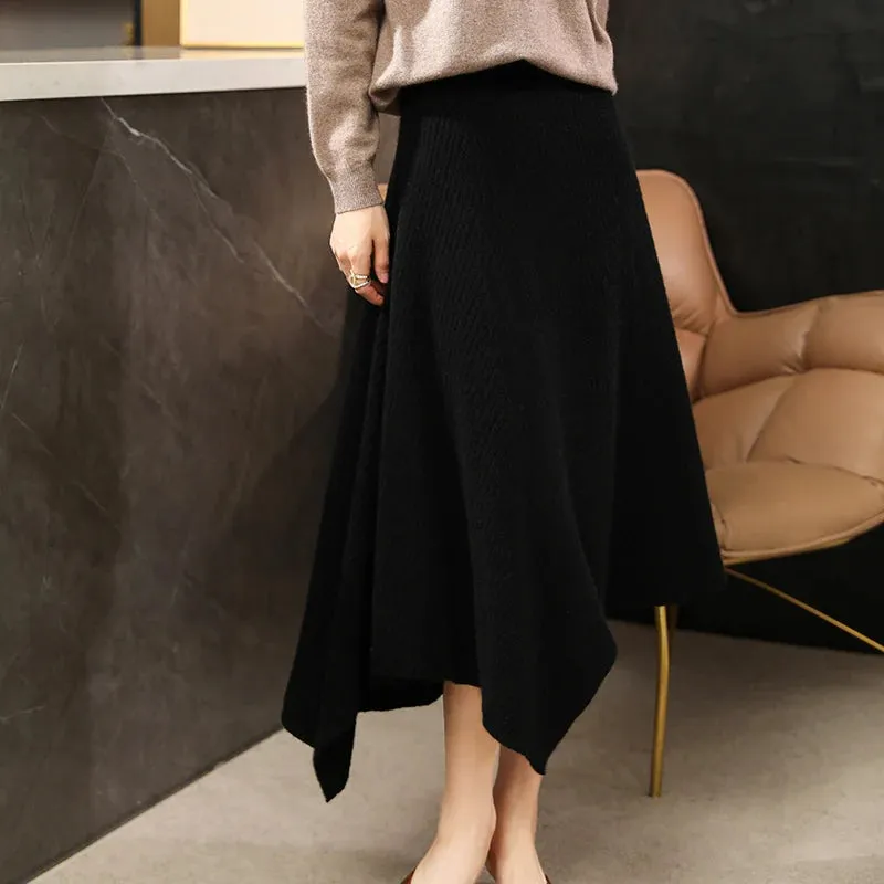 Merino Wool Skirt for Women, Korean Style, Asymmetrical Knee-Length, Autumn/Winter Fashion