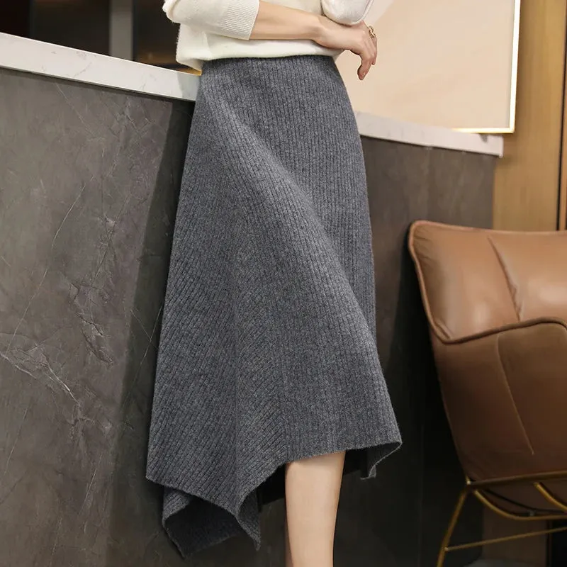 Merino Wool Skirt for Women, Korean Style, Asymmetrical Knee-Length, Autumn/Winter Fashion