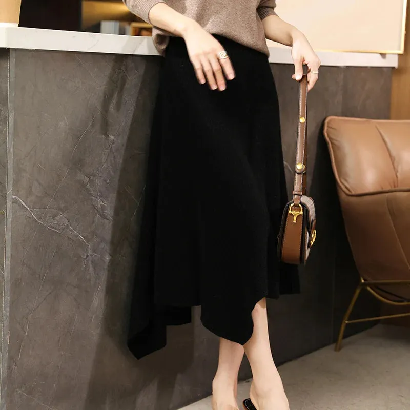 Merino Wool Skirt for Women, Korean Style, Asymmetrical Knee-Length, Autumn/Winter Fashion