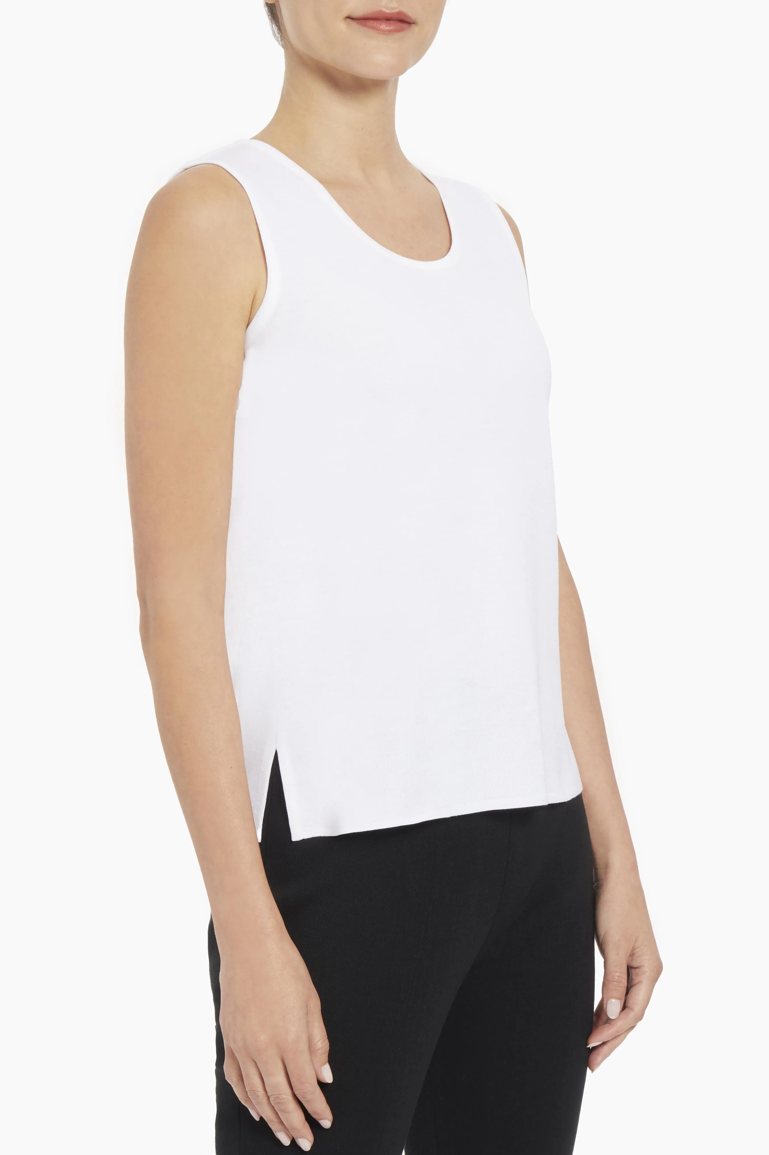 Mid-Length Scoop Neck Knit Tank, White