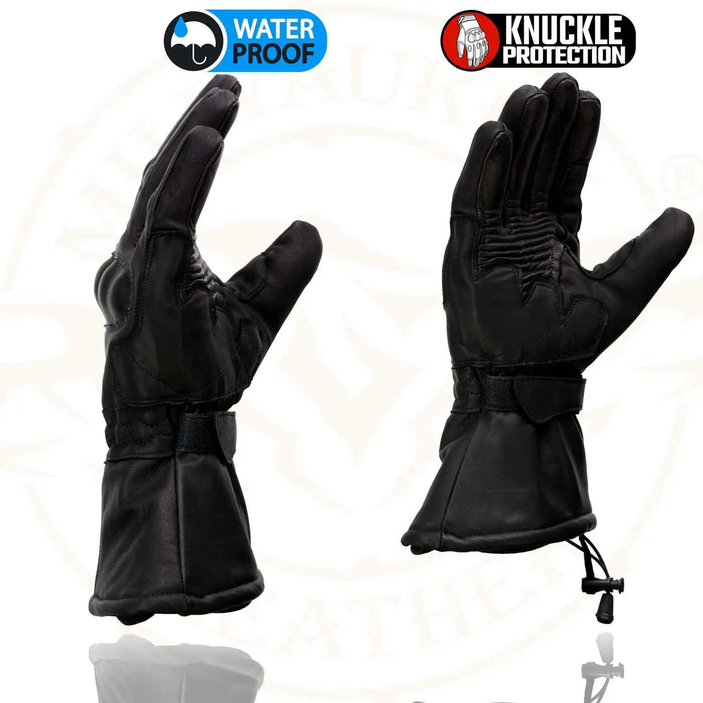 Milwaukee Leather Men's Black Leather Gauntlet Motorcycle Hand Gloves-Waterproof Hard Knuckle Elasticized Palm-SH815