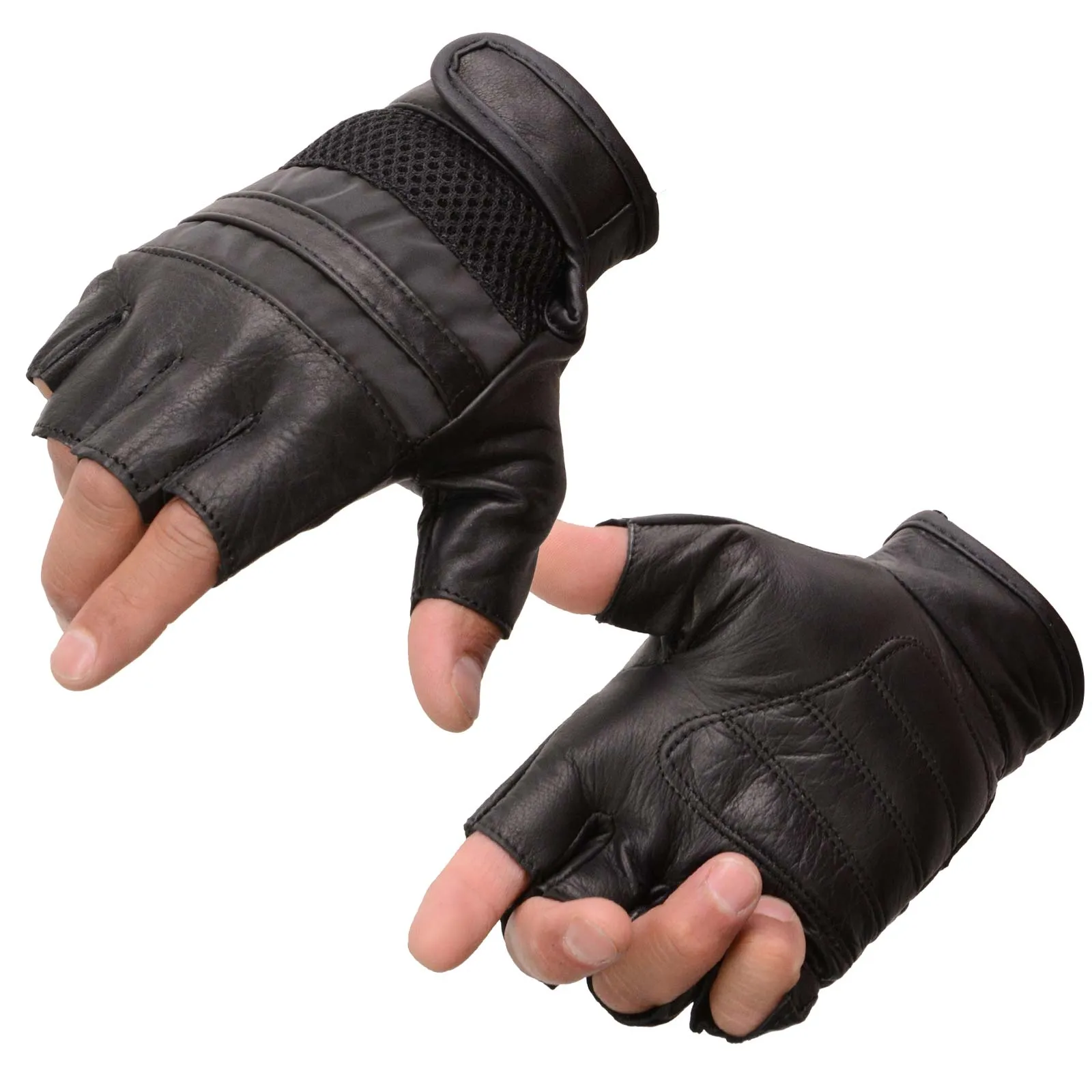 Milwaukee Leather MG7548 Men's Black Leather Mesh Gel Palm Fingerless Motorcycle Hand Gloves W/ ‘Reflective Bands’