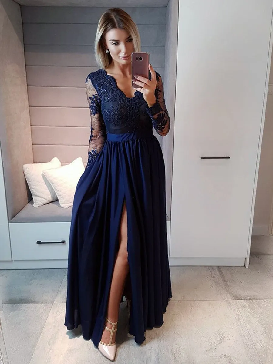 Navy Blue Long Sleeves Beaded Lace Long Prom with High Slit, Long Sleeve Navy Blue Formal, Lace Evening