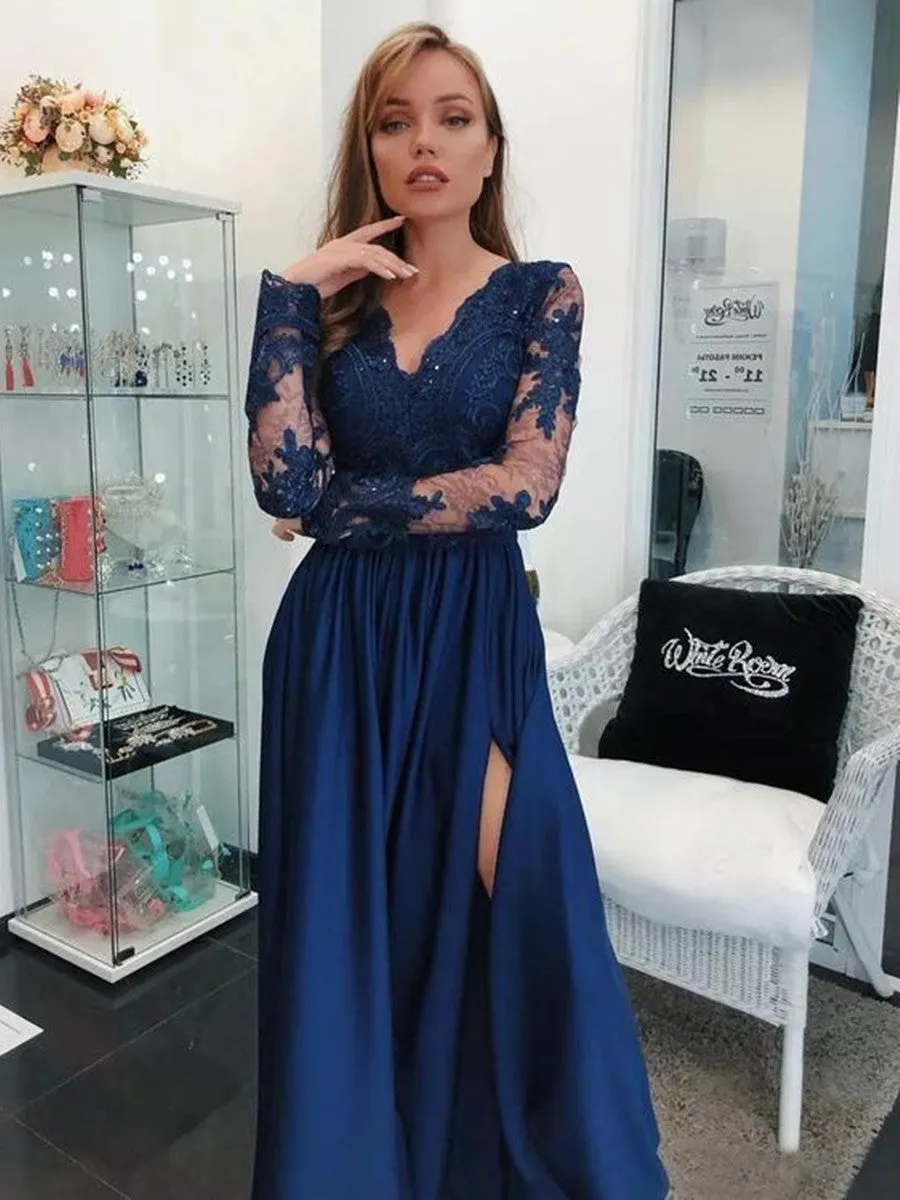 Navy Blue Long Sleeves Beaded Lace Long Prom with High Slit, Long Sleeve Navy Blue Formal, Lace Evening