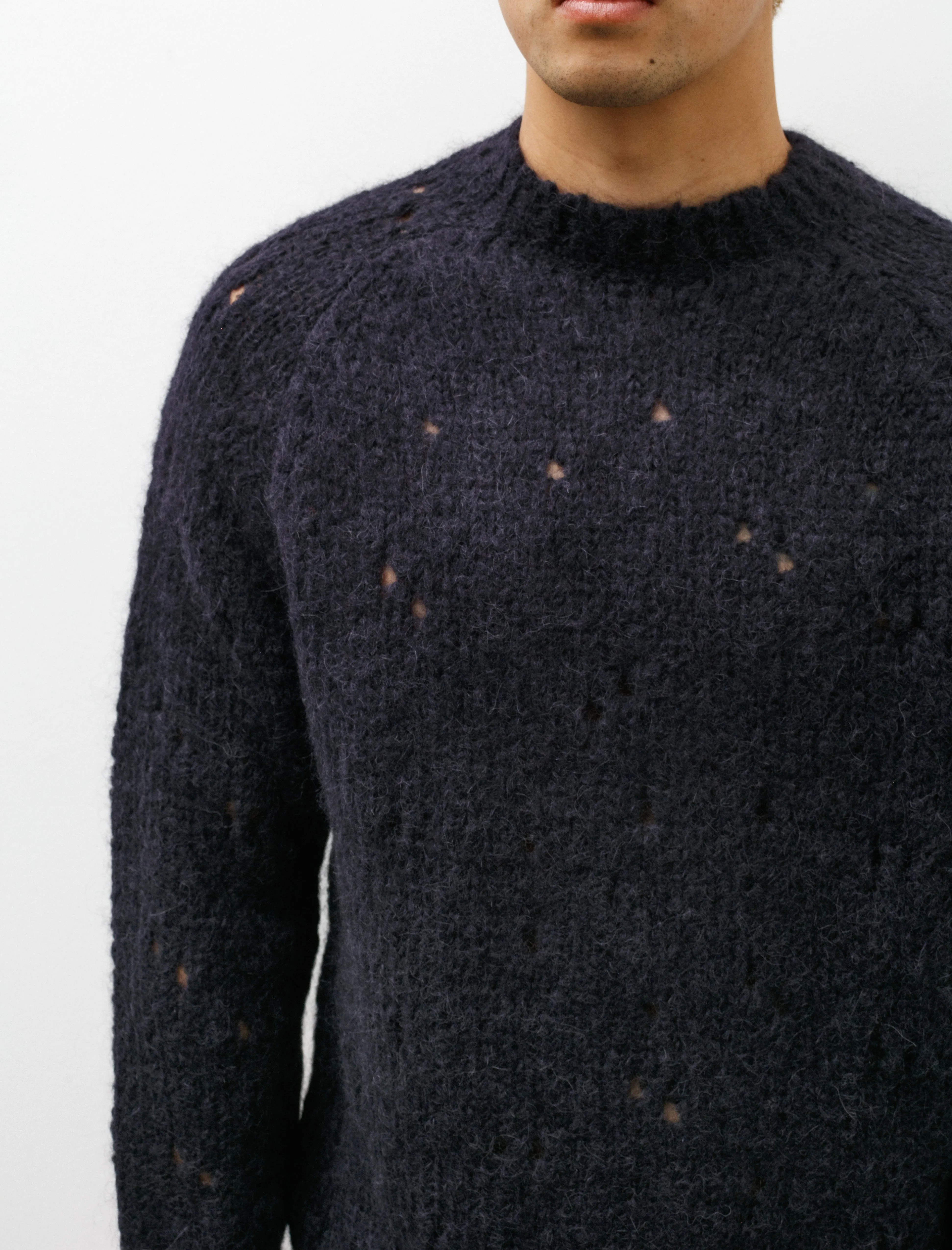 Needle Drop Raglan Navy Fuzzy Mohair Alpaca