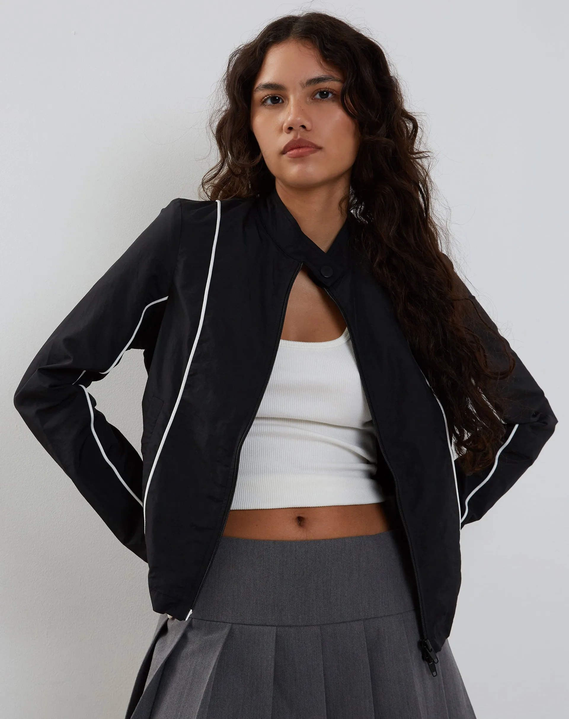 Nila Zip Up Biker Jacket in Black Nylon