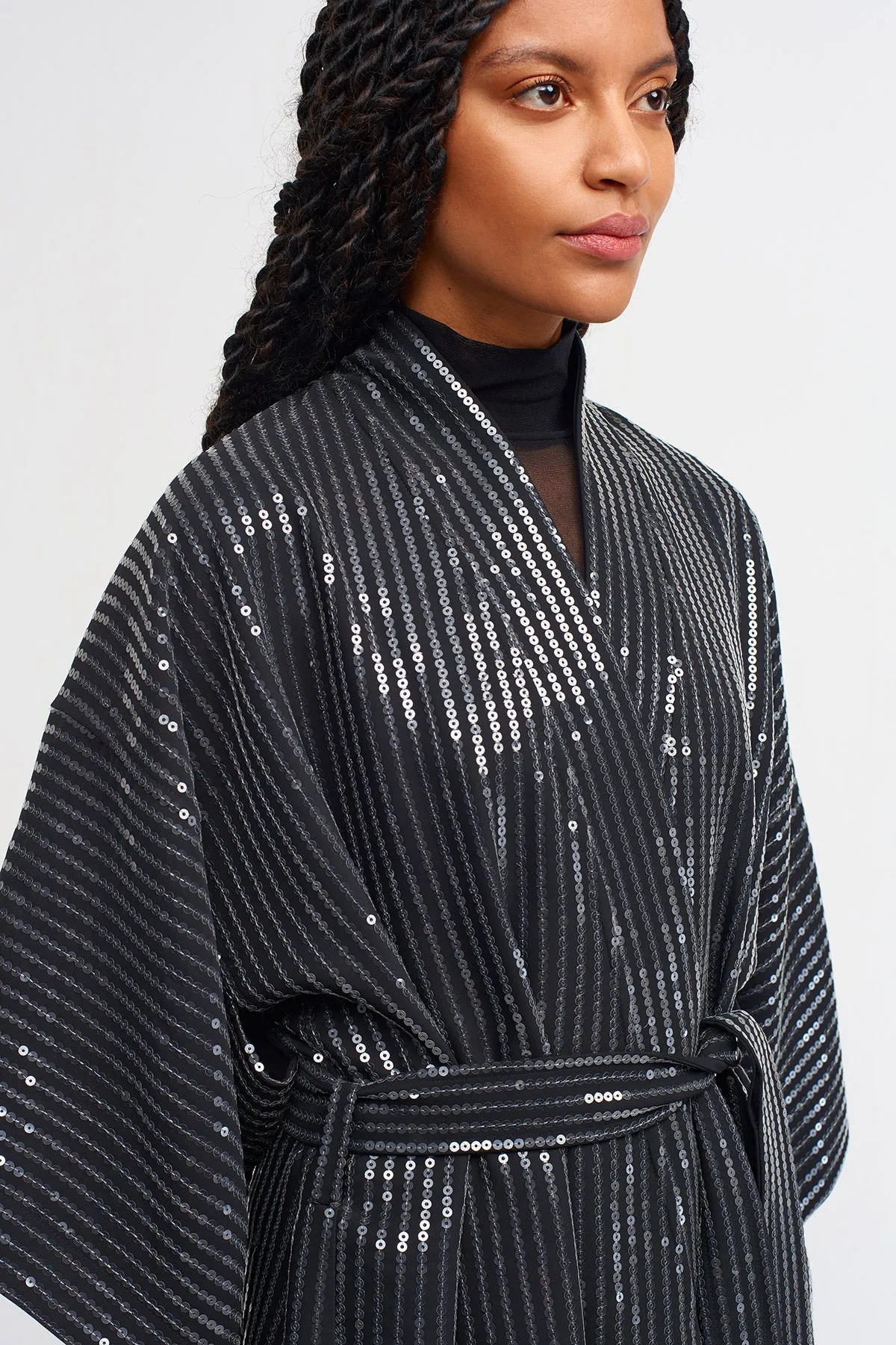 Nu Allover Sequin-Embellished Kimono Black