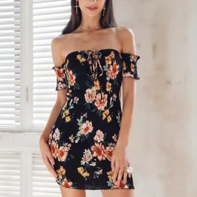 Off Shoulder Lace Up Bodycon Summer Floral Printed Dress