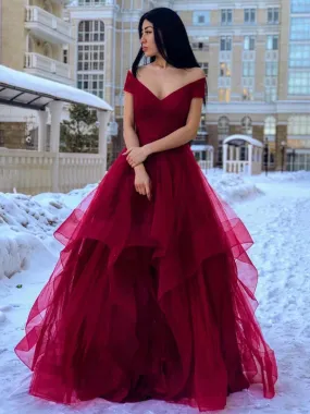 Off the Shoulder V Neck Burgundy Long Prom 2020, Off Shoulder Burgundy Formal, Fluffy Burgundy Evening