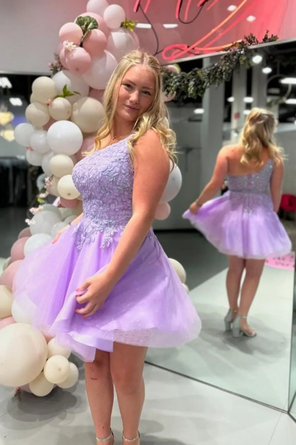 One Shoulder Lilac Lace Short Prom Dress, Purple Lace Homecoming Dress, Lilac Formal Graduation Evening Dress A2193