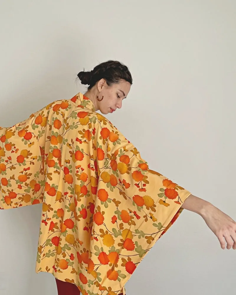 Orange mum floral Haori Kimono Jacket