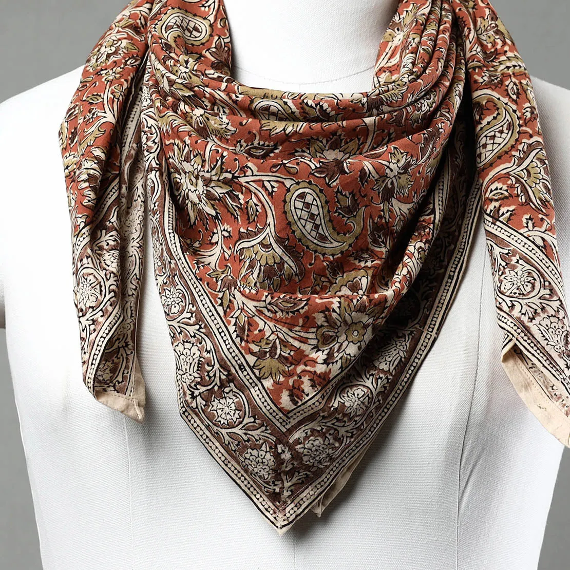 Orange - Pedana Kalamkari Block Printed Natural Dyed Cotton Scarf 83