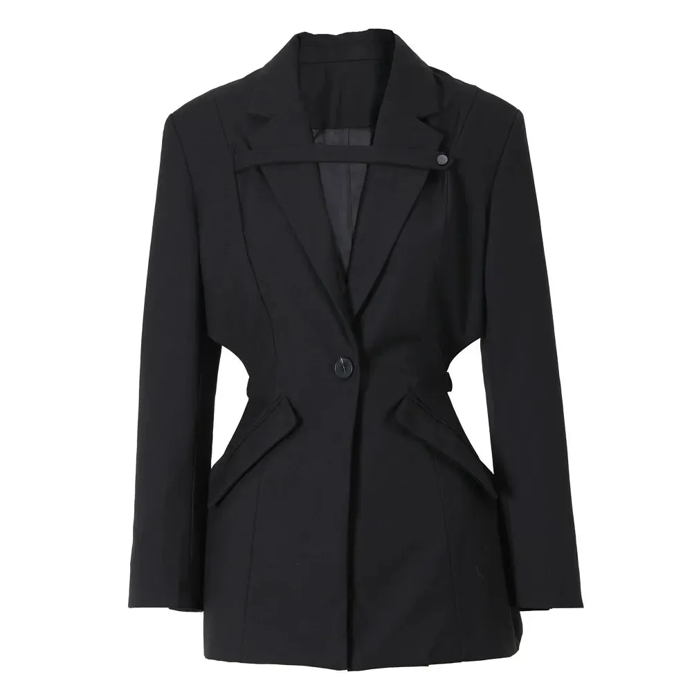 Patchwork Button Blazers For Women Notched Collar Long Sleeve Slim Hollow Out Blazer Female Fashion Clothing