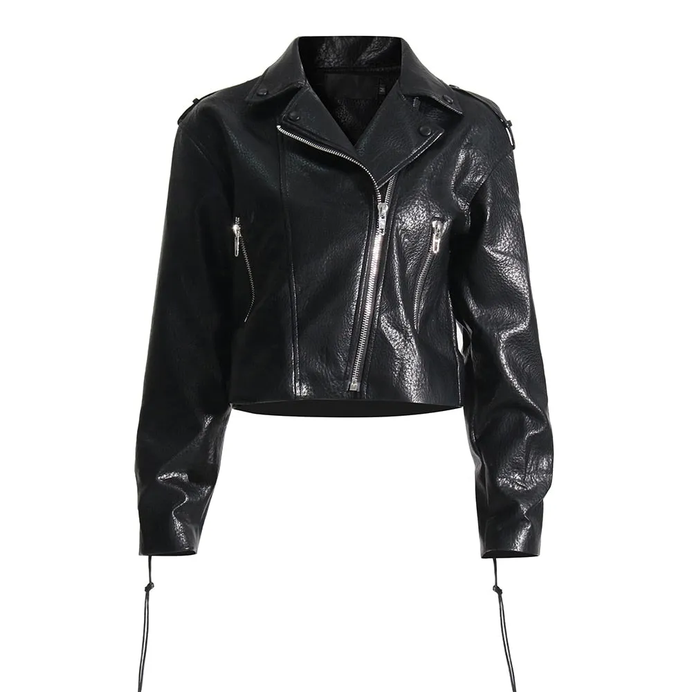 Patchwork Lace Up Solid Casual Leather Jackets For Women Lapel Long Sleeve Spliced Zipper Jacket Female Fashion