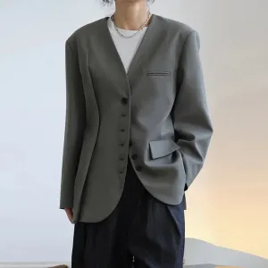 Patchwork Single Breasted Blazers For Women V Neck Long Sleeve Loose Casual Solid Blazer Female Fashion Clothing