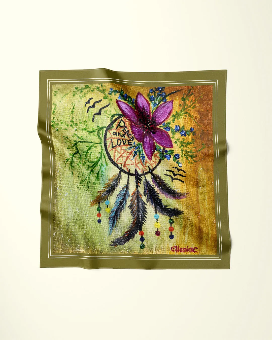 PEACE & LOVE Designer 100% Silk Art-A-Porte Scarf in Olive Green