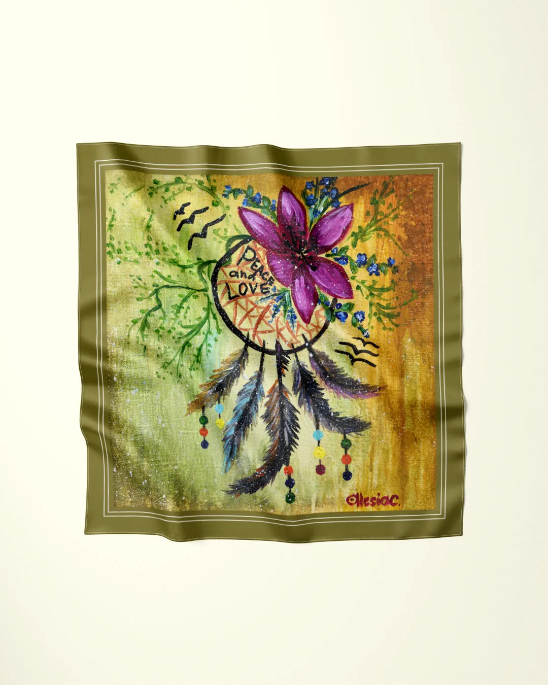 PEACE & LOVE Designer 100% Silk Art-A-Porte Scarf in Olive Green