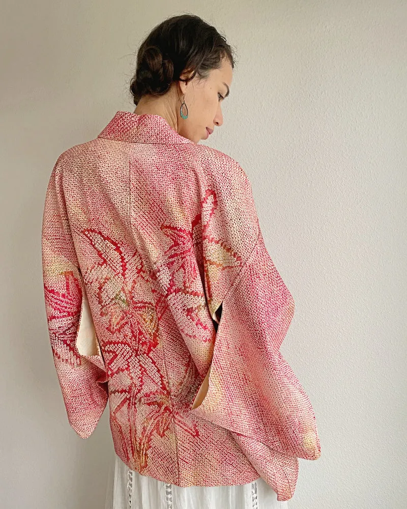 Pink Bamboo Leaves Shibori Kimono Jacket