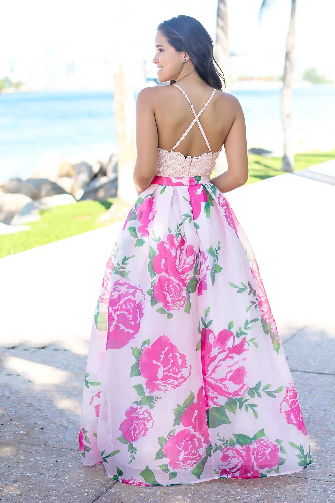 Pink Maxi Dress with Rose Printed Skirt