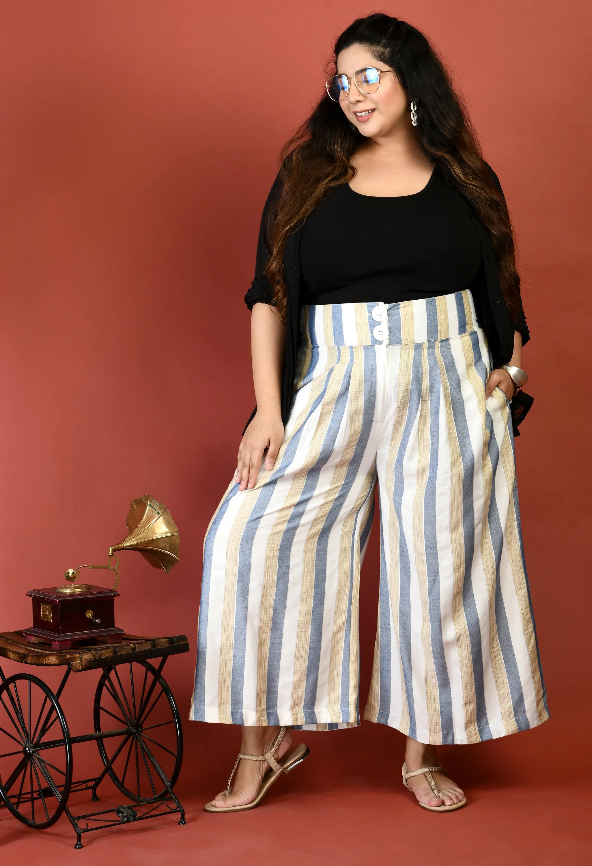 Plus Size Plus Size Striped White & Blue Culottes