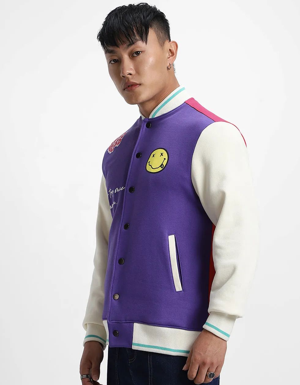 Purple Front Graphic Printed Varsity Jacket